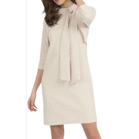 Joseph Ribkoff Textured Sequin Dress + Bolero Jacket Set Size 4 Ivory Bow Sash - Picture 1 of 16